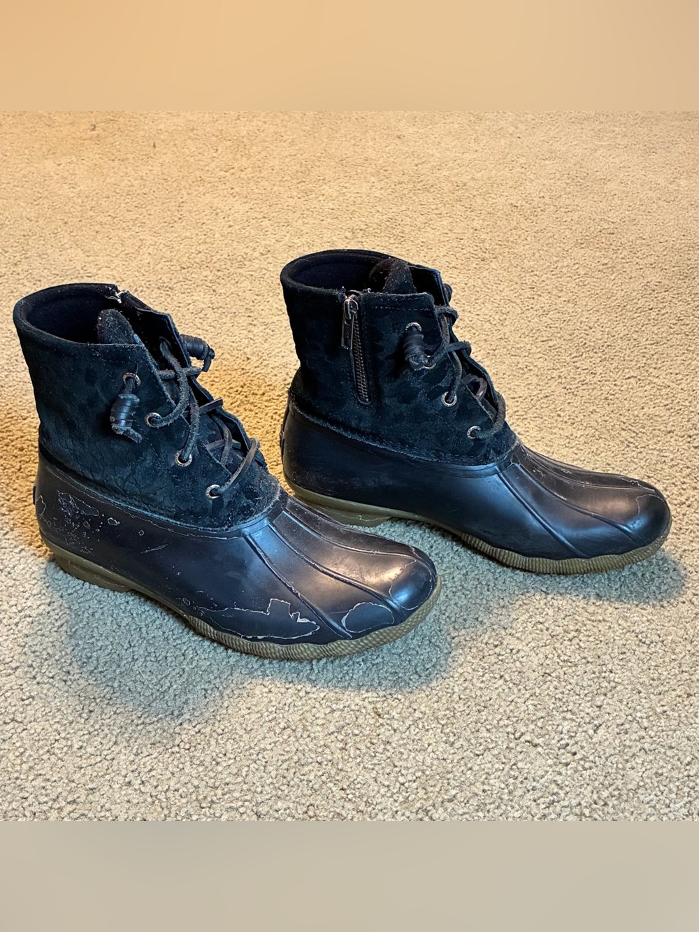 Sperry Black Leather Lace-Up Ankle Duck Boots Rain Boots Women’s Size 7.5